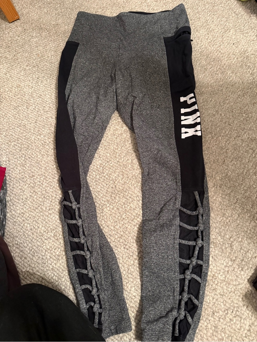 PINK Victoria's Secret Gray and Black Lace-Up Leggings
